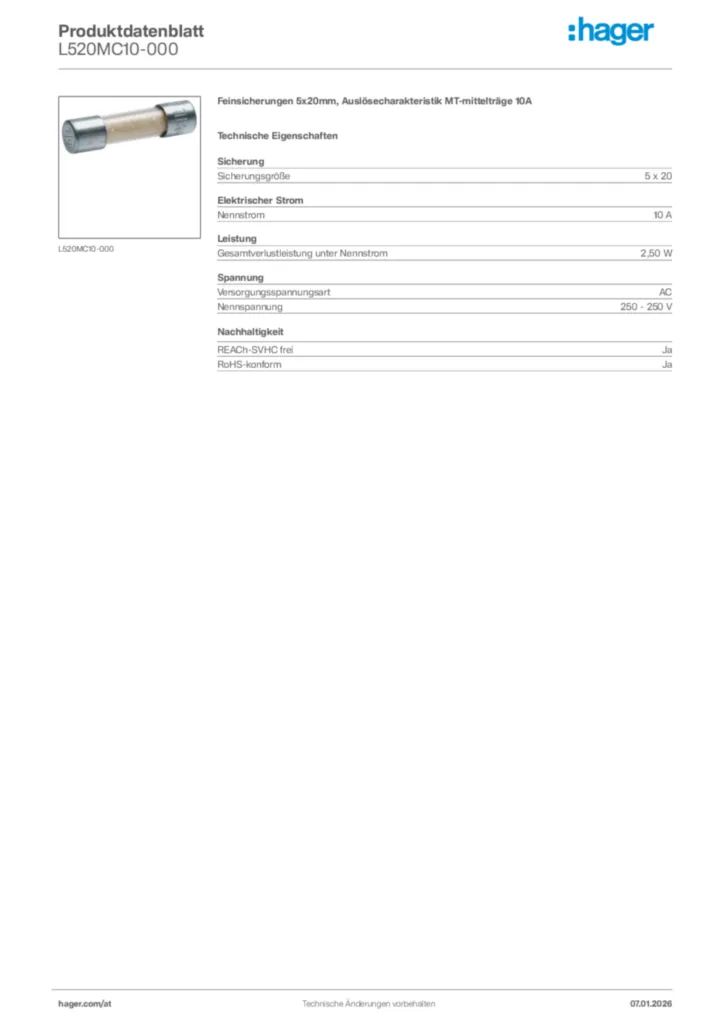 Bild Hager Produktdatenblatt L520MC10-000 | Hager Deutschland