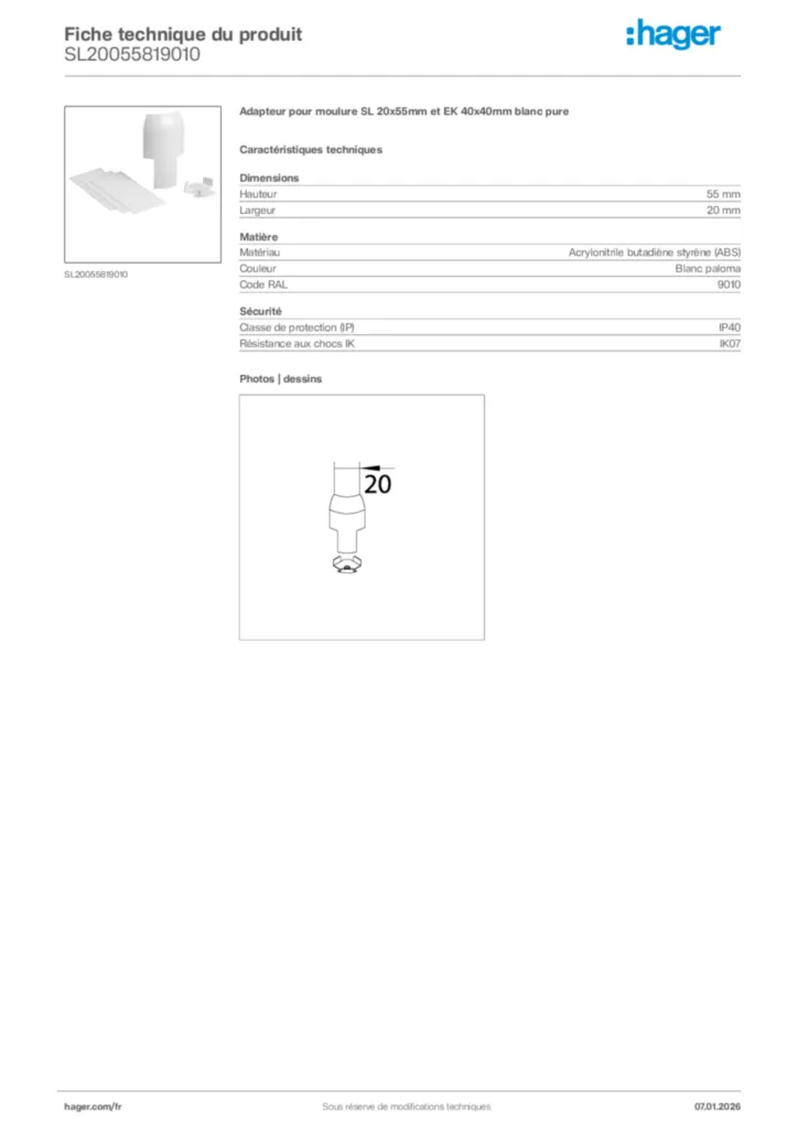 Image Hager Fiche technique du produit SL20055819010 | Hager France