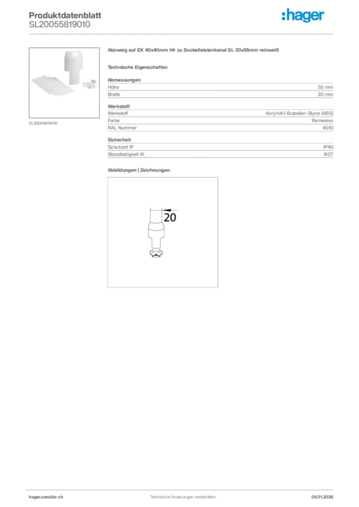 Bild Hager Produktdatenblatt SL20055819010 | Hager Schweiz