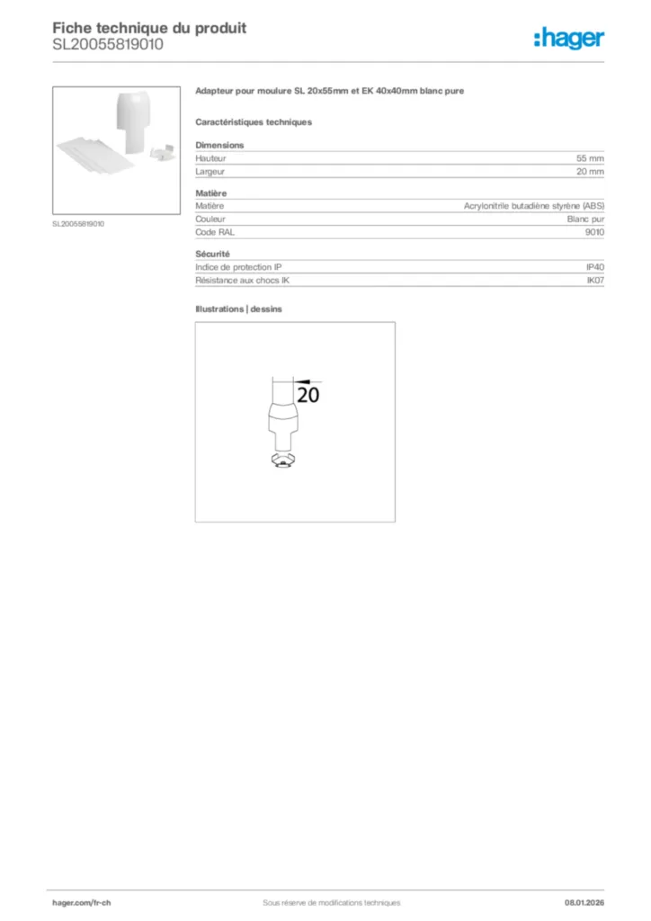 Image Hager Fiche technique du produit SL20055819010 | Hager Suisse
