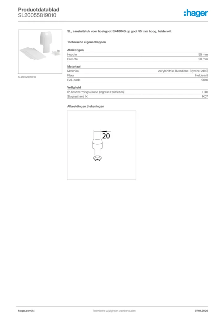 Afbeelding Hager Productdatablad SL20055819010 | Hager Nederland