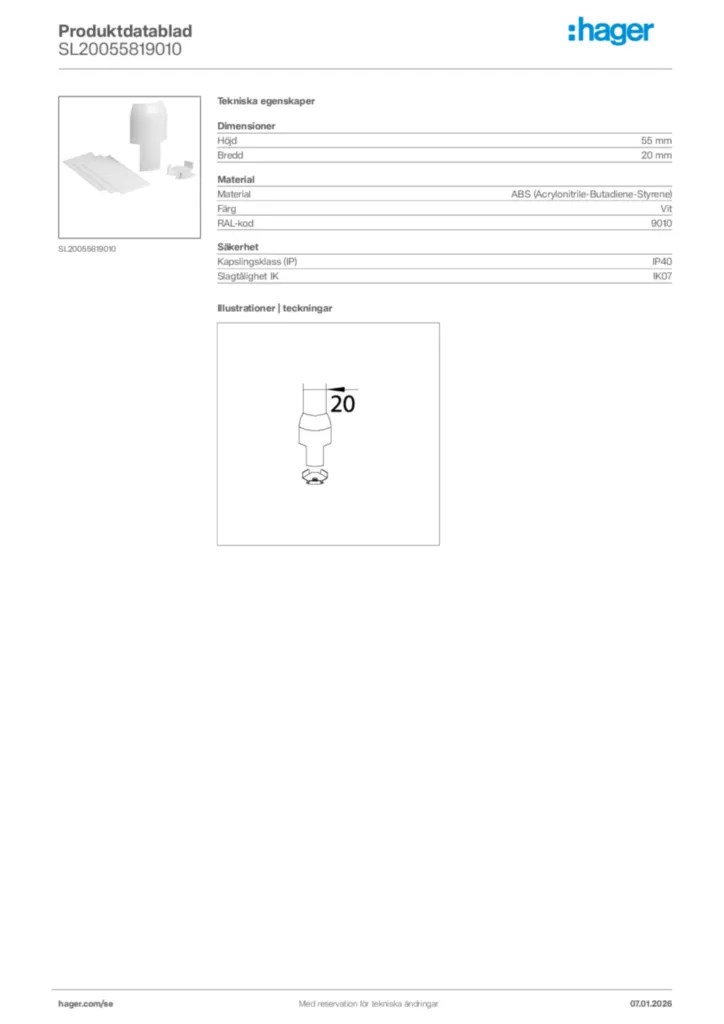 Bild Hager Produktdatablad SL20055819010 | Hager Sverige