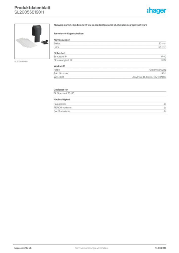 Bild Hager Produktdatenblatt SL20055819011 | Hager Schweiz