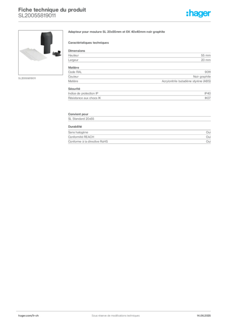 Image Hager Fiche technique du produit SL20055819011 | Hager Suisse