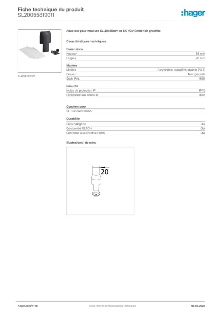 Image Hager Fiche technique du produit SL20055819011 | Hager Suisse