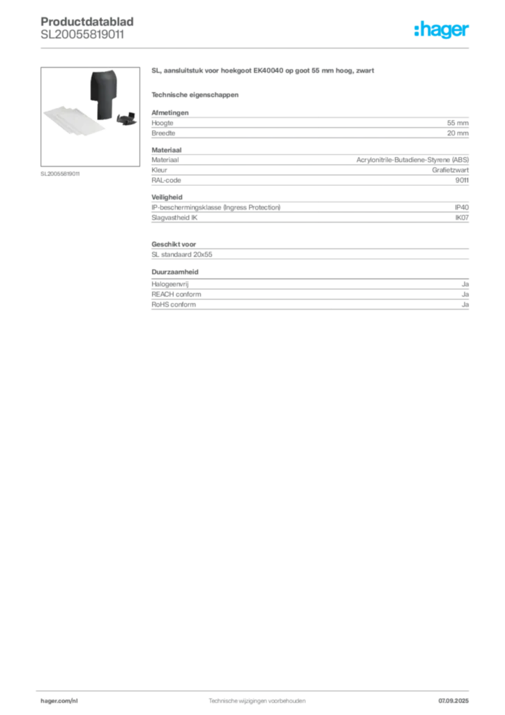 Afbeelding Hager Productdatablad SL20055819011 | Hager Nederland