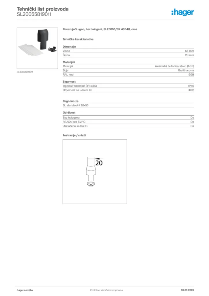 Slika Hager Tehnički list proizvoda SL20055819011  | Hager
