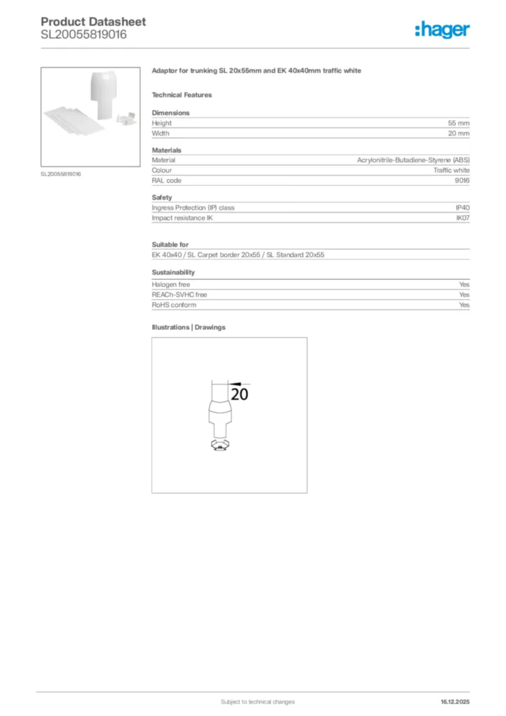 Image Hager Product data sheet SL20055819016  | Hager Africa