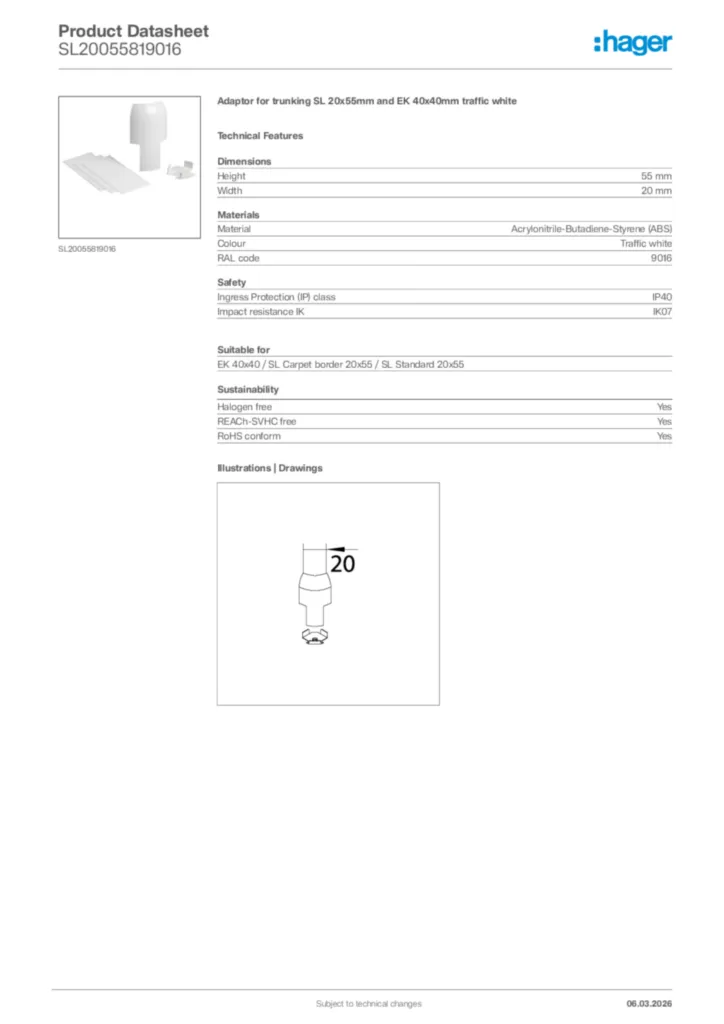 Image Hager Product data sheet SL20055819016  | Hager Africa