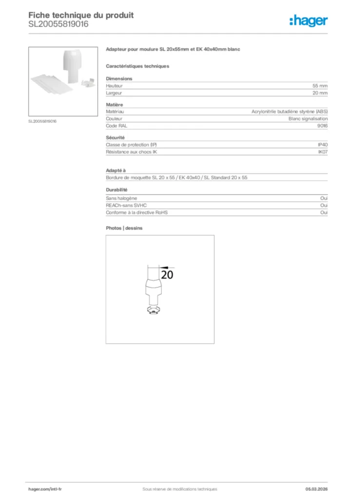 Image Hager Fiche technique du produit SL20055819016 | Hager Afrique