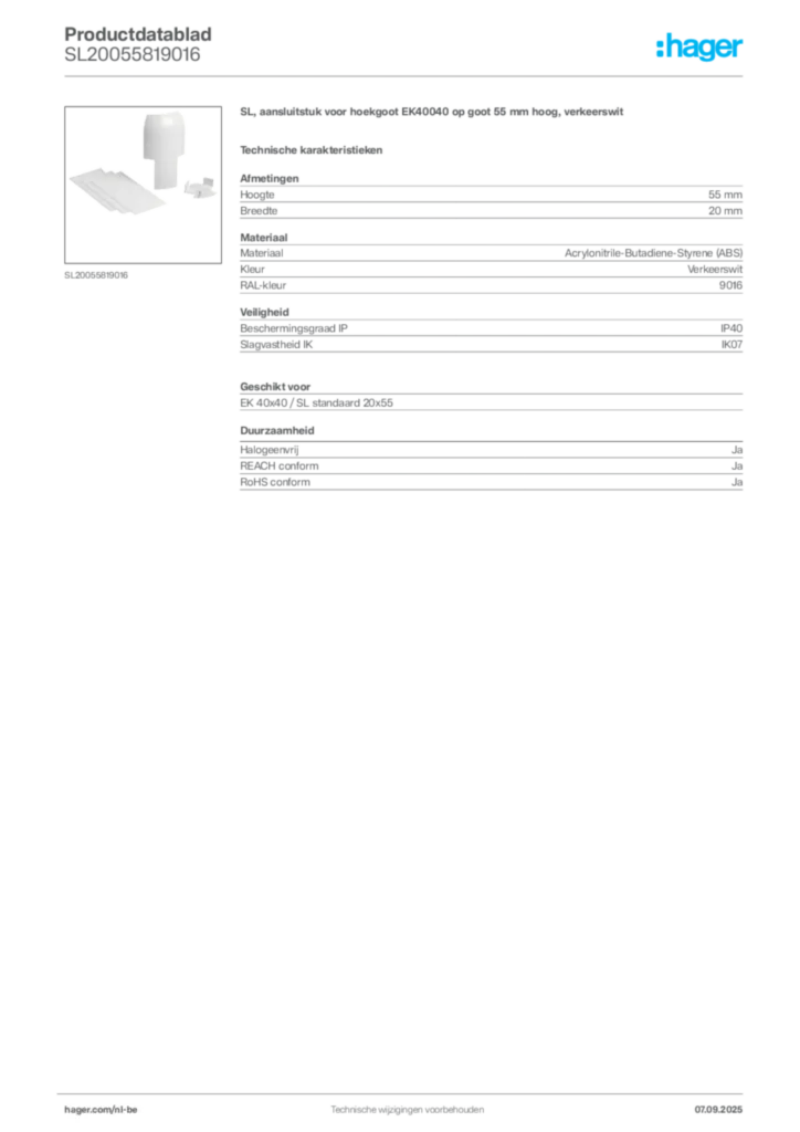 Afbeelding Hager Productdatablad SL20055819016 | Hager Belgium