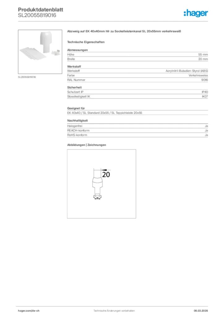 Bild Hager Produktdatenblatt SL20055819016 | Hager Schweiz