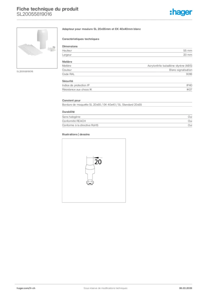 Image Hager Fiche technique du produit SL20055819016 | Hager Suisse