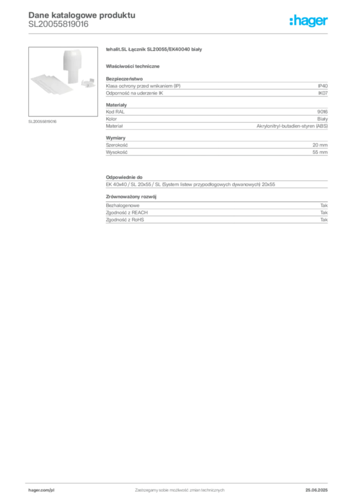 Zdjęcie Hager Karta katalogowa SL20055819016 | Hager Polska