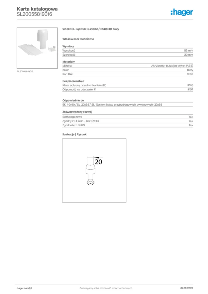 Zdjęcie Hager Karta katalogowa SL20055819016 | Hager Polska
