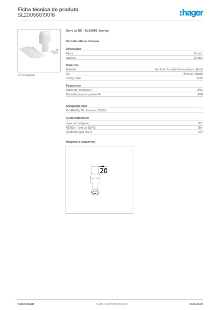 Imagem Hager Ficha técnica do produto SL20055819016 | Hager Portugal