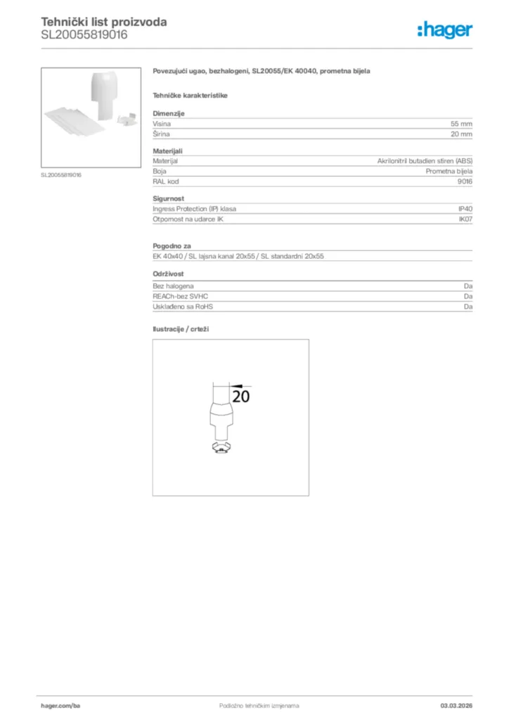 Slika Hager Tehnički list proizvoda SL20055819016  | Hager
