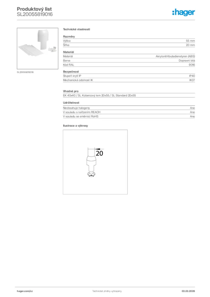 Obrázek Hager Product data sheet SL20055819016 | Hager