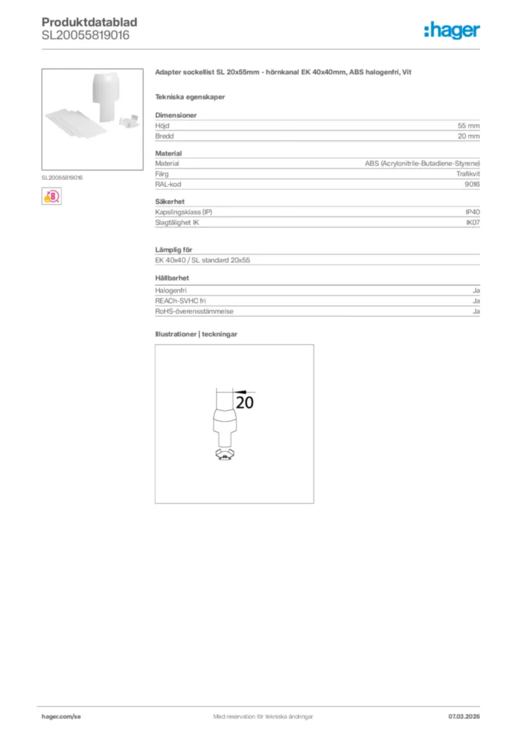 Bild Hager Produktdatablad SL20055819016 | Hager Sverige