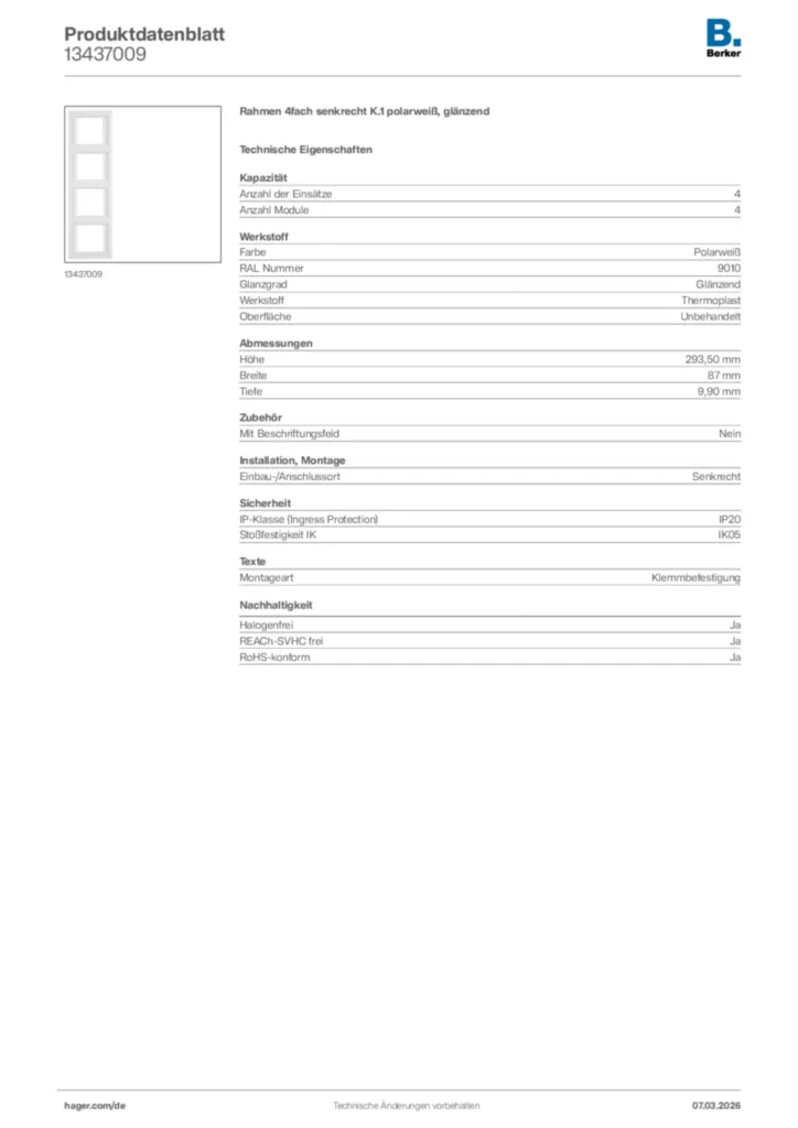 Bild Berker Produktdatenblatt 13437009 | Hager Deutschland