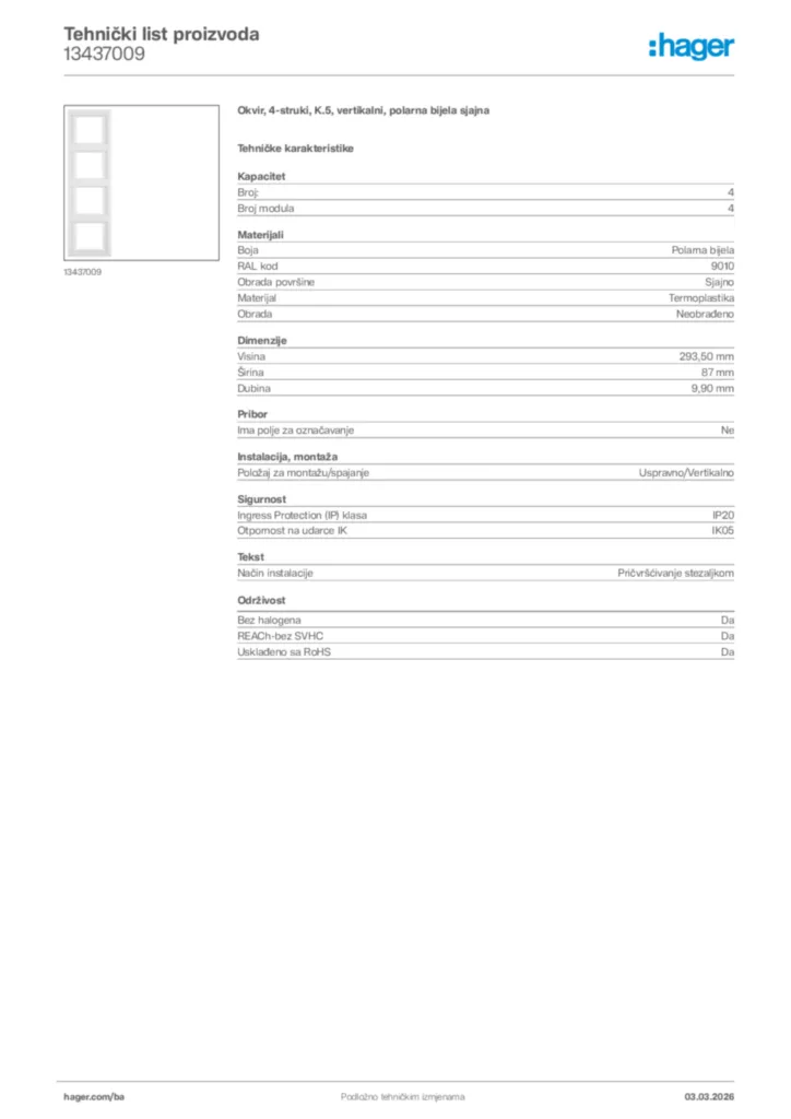 Slika Hager Tehnički list proizvoda 13437009  | Hager