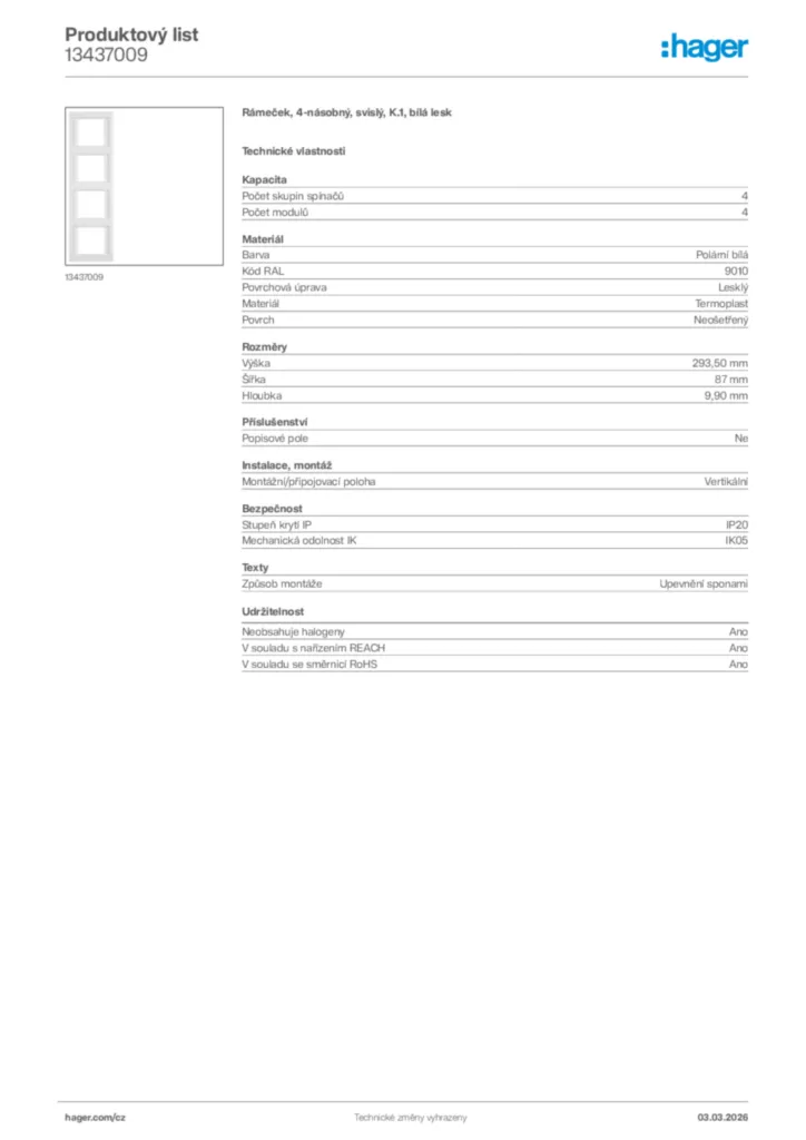 Obrázek Hager Product data sheet 13437009 | Hager