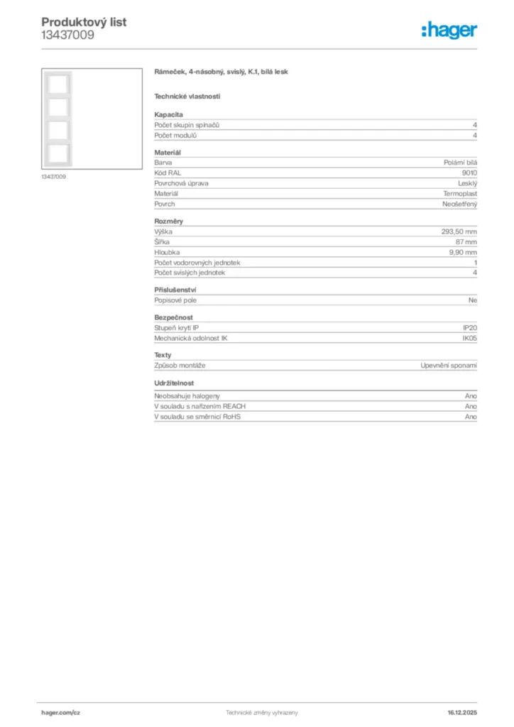 Obrázek Hager Produktový list 13437009 | Hager