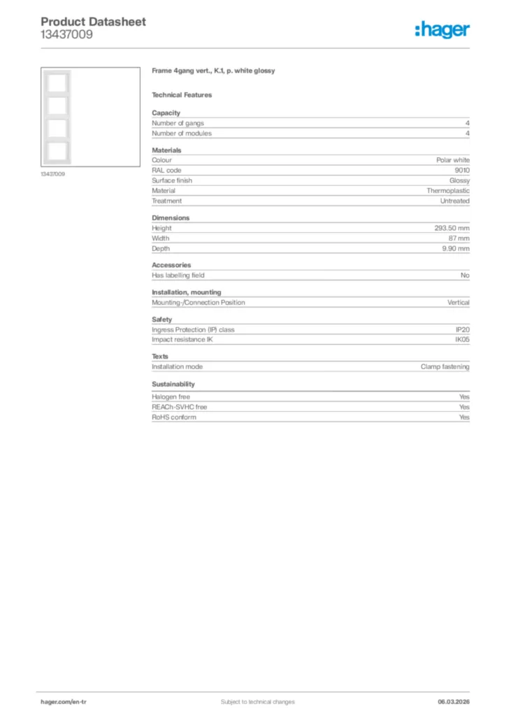 Image Hager Product data sheet 13437009  | Hager