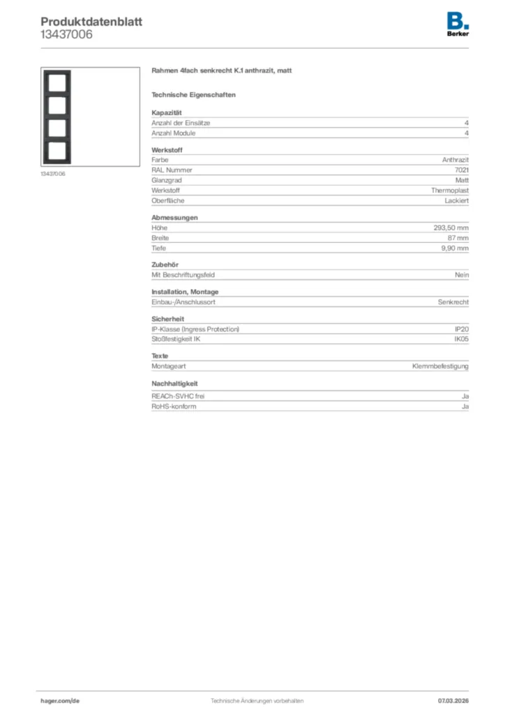 Bild Berker Produktdatenblatt 13437006 | Hager Deutschland
