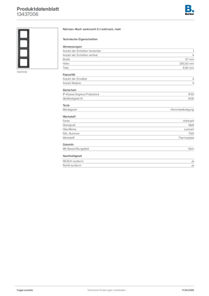 Bild Berker Produktdatenblatt 13437006 | Hager Deutschland