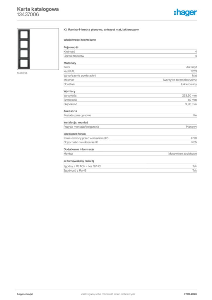Zdjęcie Hager Karta katalogowa 13437006 | Hager Polska