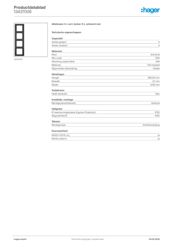 Afbeelding Hager Productdatablad 13437006 | Hager Nederland