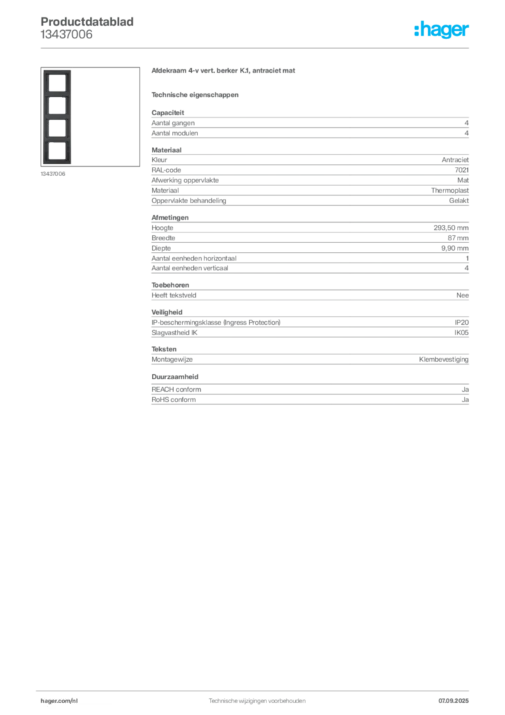 Afbeelding Hager Productdatablad 13437006 | Hager Nederland