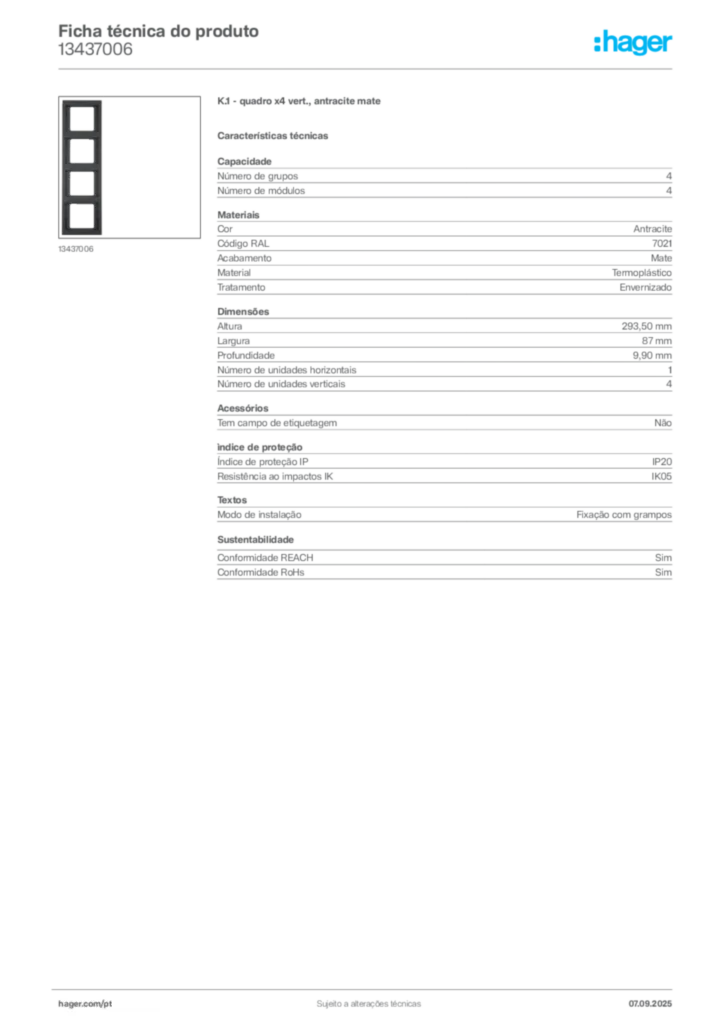 Imagem Hager Ficha técnica do produto 13437006 | Hager Portugal