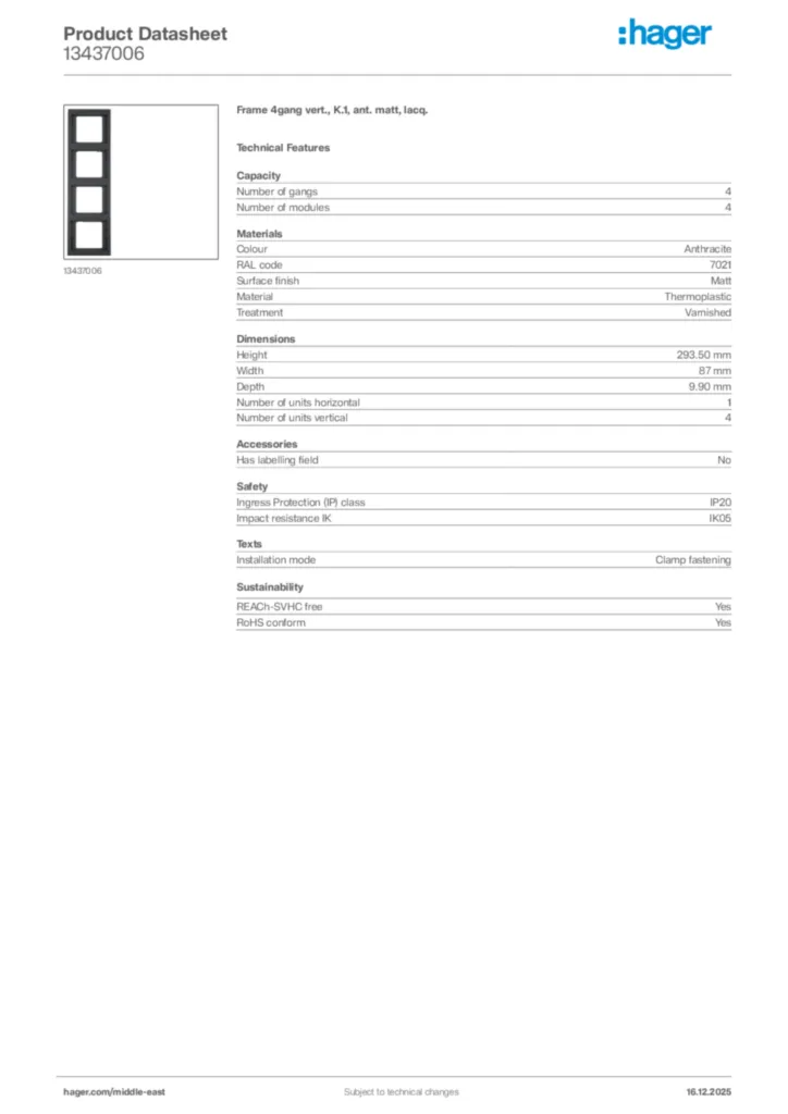 Image Hager Product data sheet 13437006  | Hager
