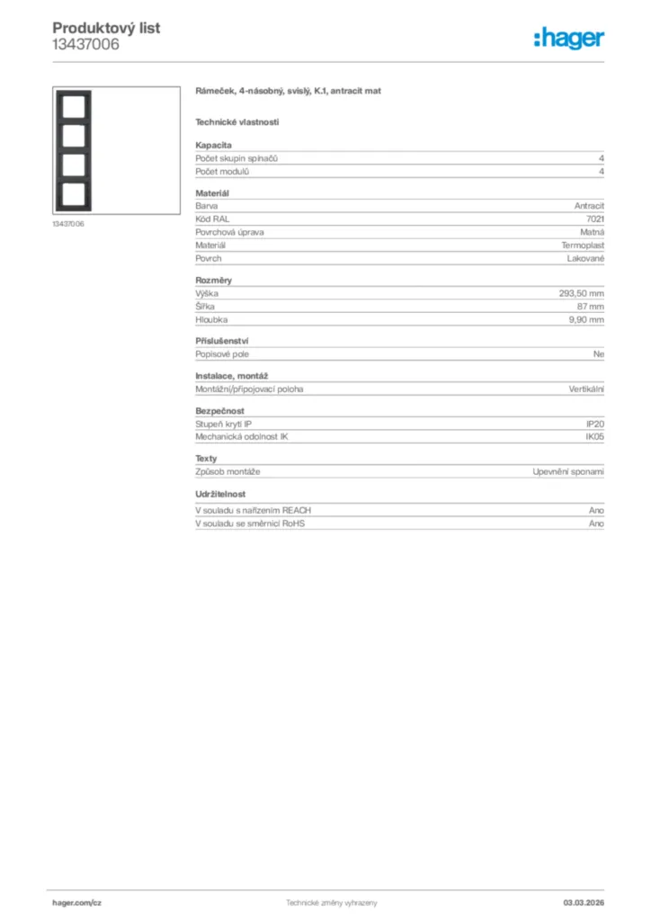 Obrázek Hager Product data sheet 13437006 | Hager