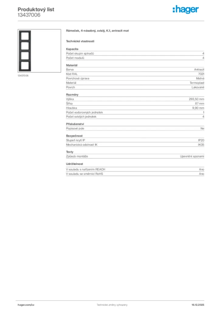Obrázek Hager Produktový list 13437006 | Hager