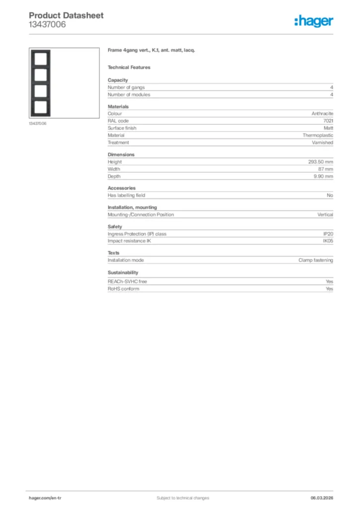 Image Hager Product data sheet 13437006  | Hager
