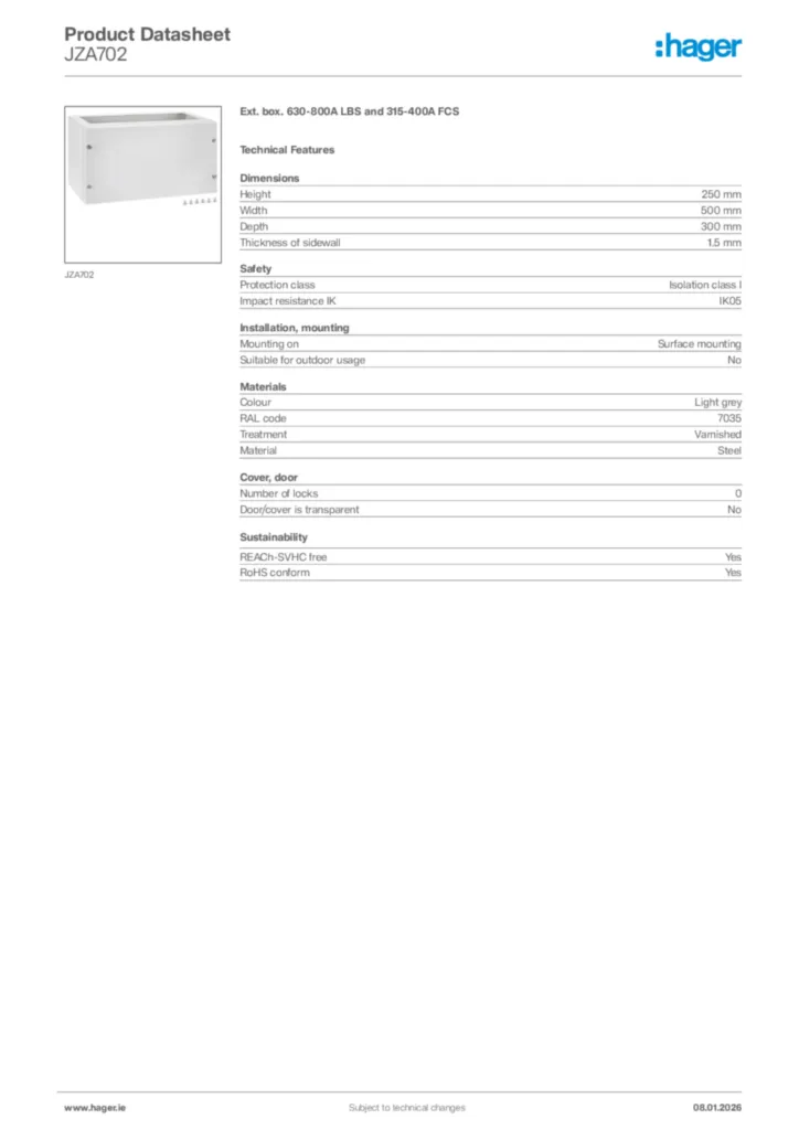 Image Hager Product data sheet JZA702  | Hager