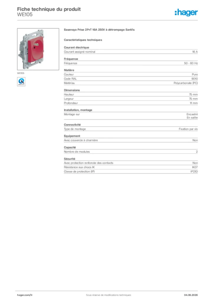 Image Hager Fiche technique du produit WE105 | Hager France
