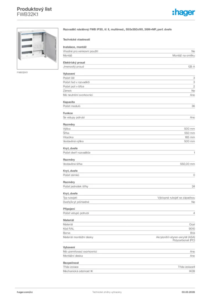 Obrázek Hager Product data sheet FWB32K1 | Hager