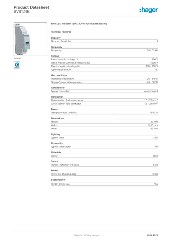 Image Hager Product data sheet SVS124B  | Hager Africa