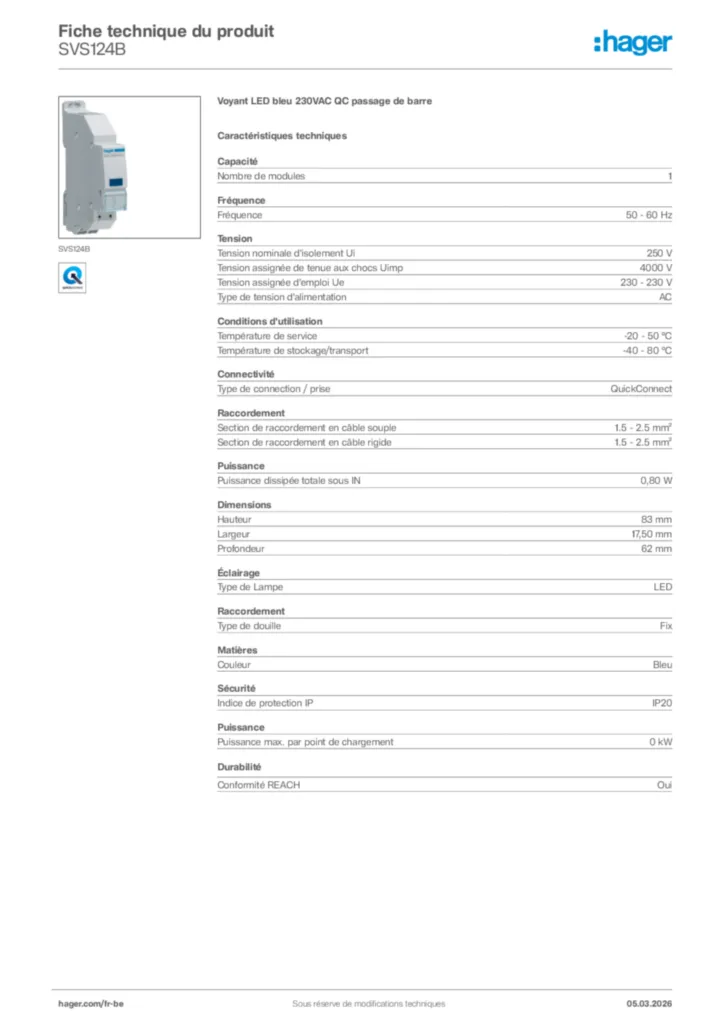 Image Hager Fiche technique du produit SVS124B | Hager Belgique
