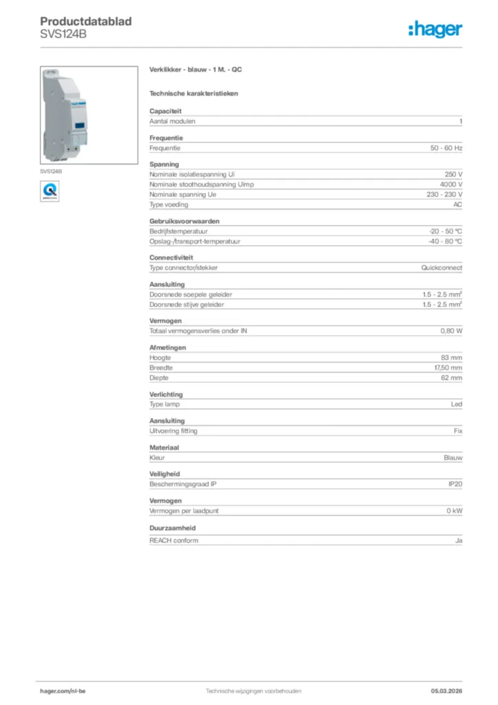 Afbeelding Hager Productdatablad SVS124B | Hager Belgium