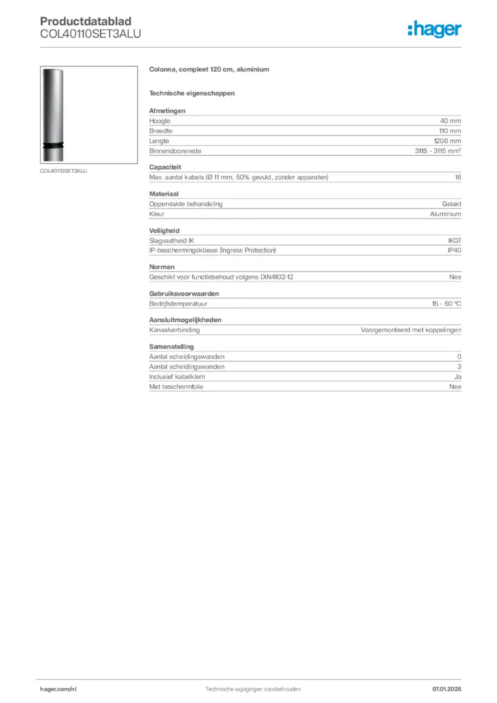 Afbeelding Hager Productdatablad COL40110SET3ALU | Hager Nederland