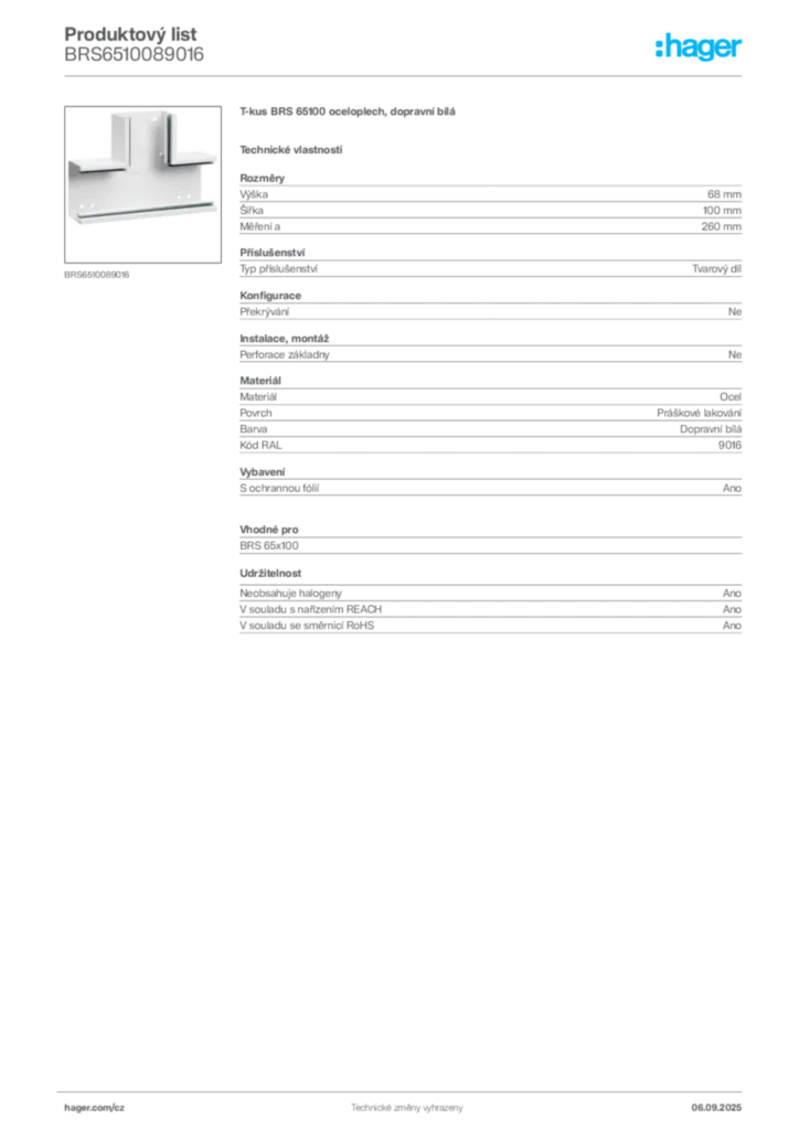 Obrázek Hager Produktový list BRS6510089016 | Hager