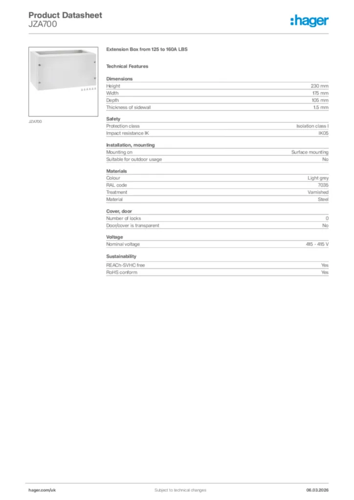 Image Hager Product data sheet JZA700  | Hager
