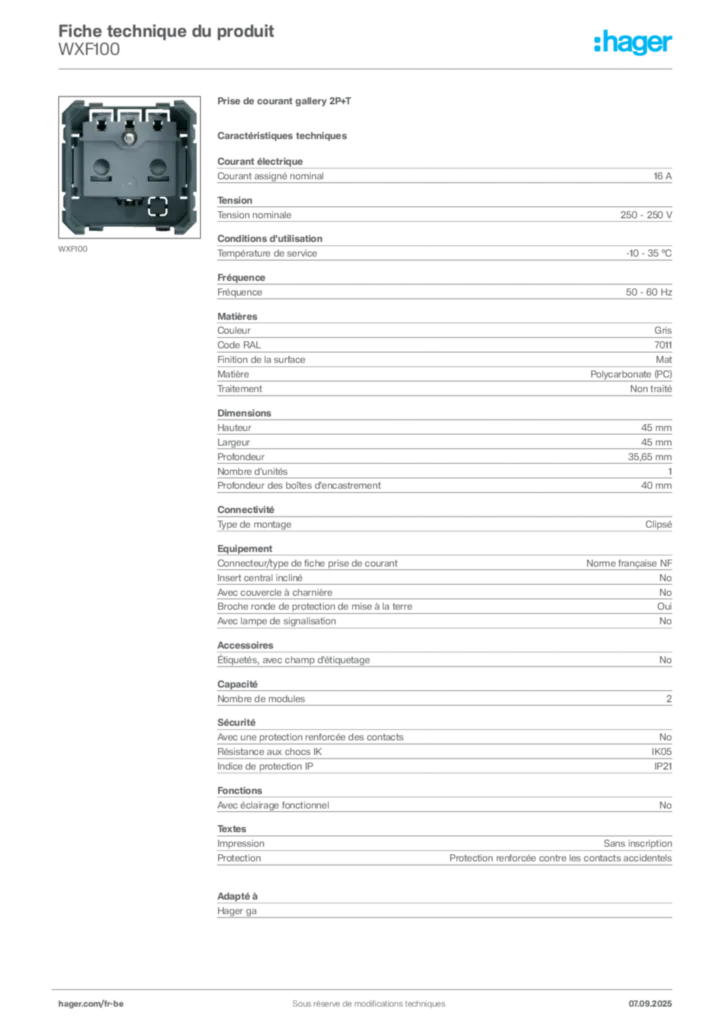 Image Hager Fiche technique du produit WXF100 | Hager Belgique