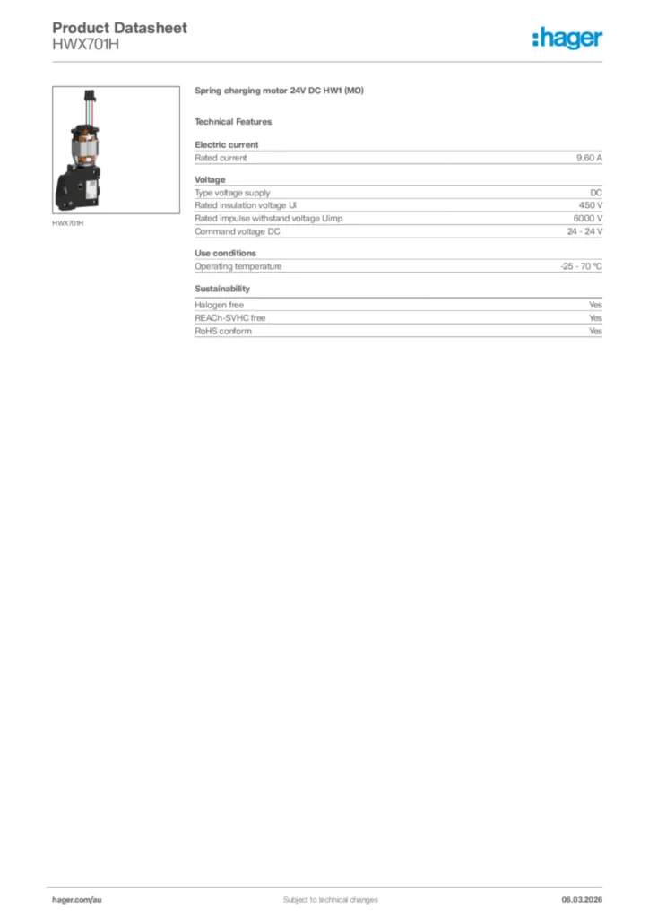 Image Hager Product data sheet HWX701H  | Hager Australia