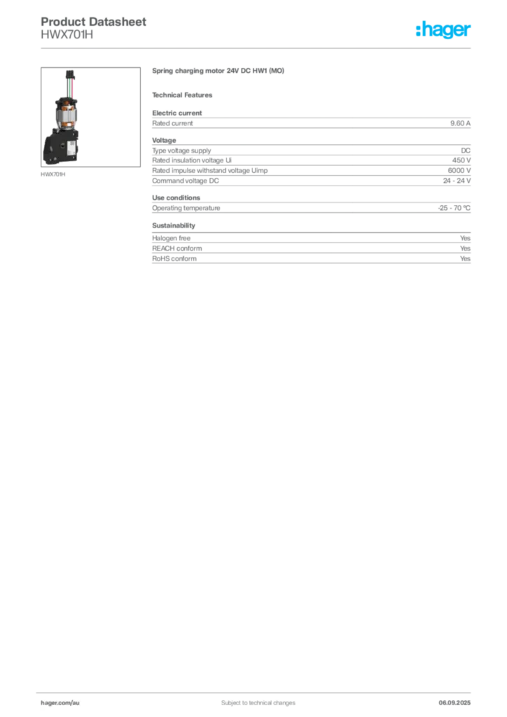 Image Hager Product data sheet HWX701H  | Hager Australia